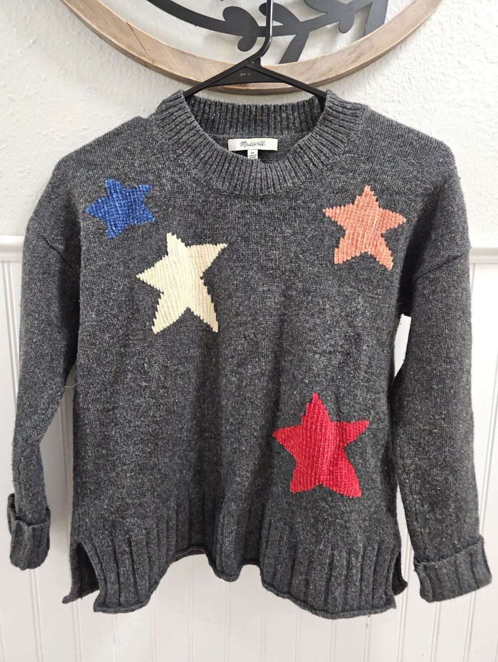 Madewell Charcoal Gray Crewneck Sweater with Multicolor Stars